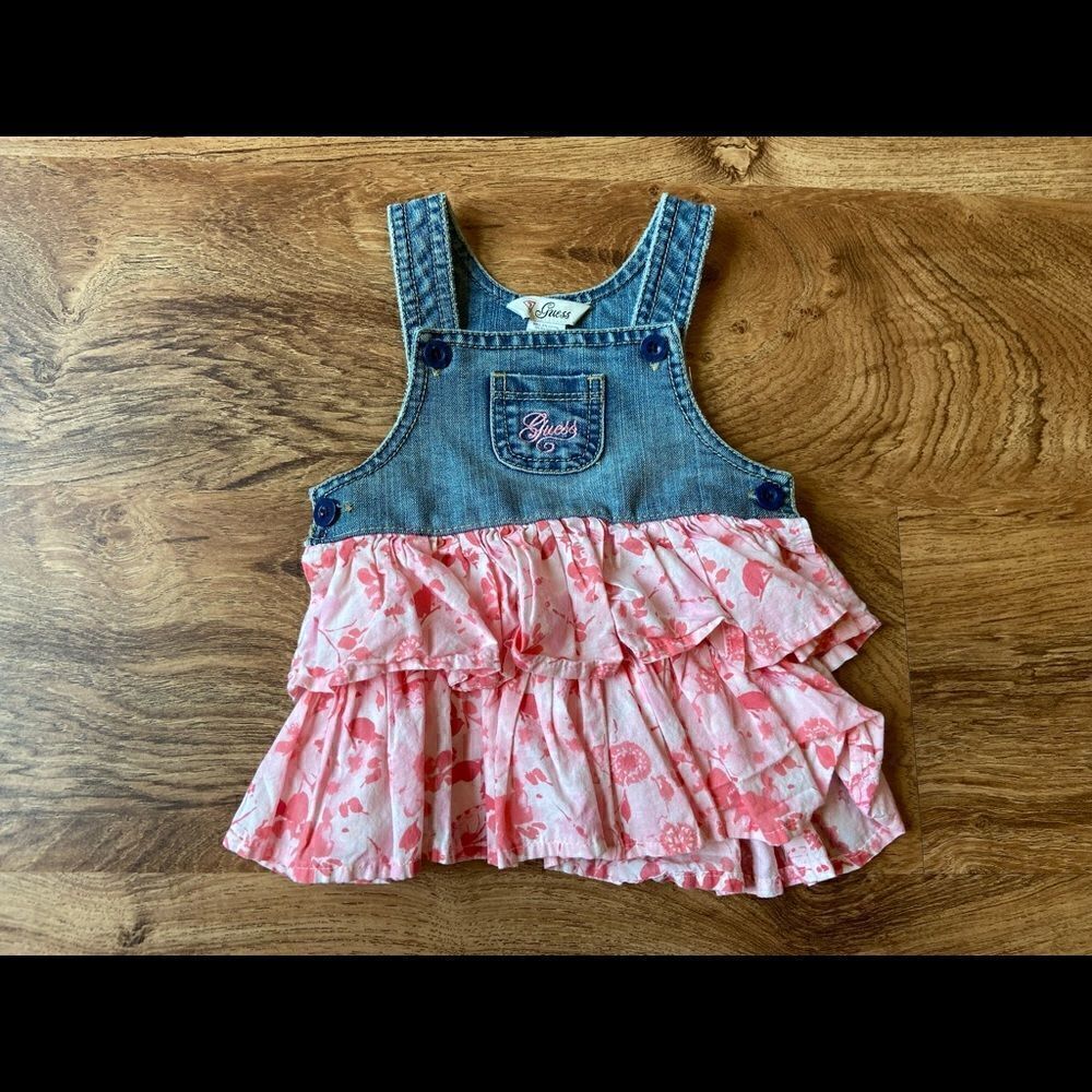 Guess jean overall with pink skirt